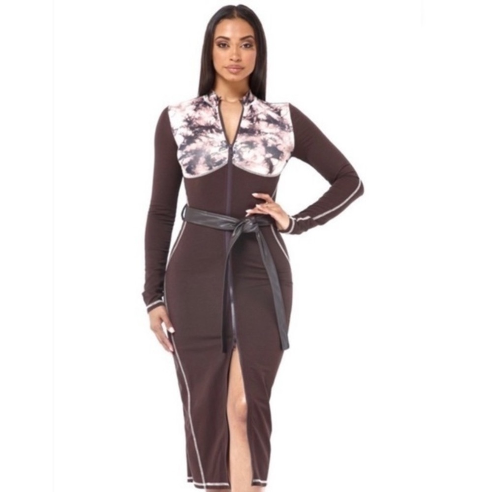 Women Brown Marble Color Block Belted Body Con Dress - Picture 3 of 11